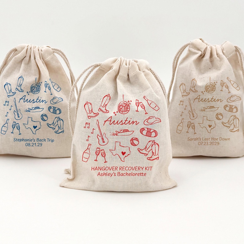 5" x 7" cotton drawstring bags printed with hand drawn Austin icons including cowboy boots, disco ball, boat, and a guitar along with two lines of personalized text.
