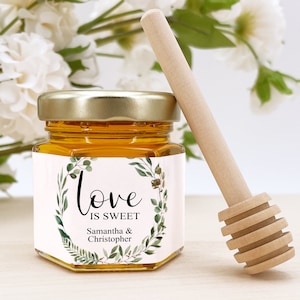 Honey Wedding Favors, Bee Themed Bridal Shower, Honey Bridal Shower Favors, Honey Favors, Mini Honey Jar Favors, Green Wreath Wedding Favors