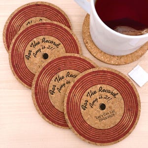 Birthday Party Favor, Wedding Favors, Bridal Shower Coasters,  Personalized Vinyl Record Shaped Cork Coaster, Retro Party Favors - Set of 12