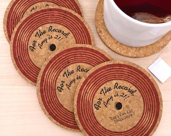 Birthday Party Favor, Wedding Favors, Bridal Shower Coasters,  Personalized Vinyl Record Shaped Cork Coaster, Retro Party Favors - Set of 12