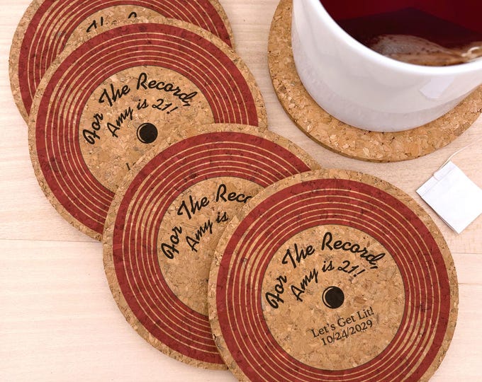 Birthday Party Favor, Wedding Favors, Bridal Shower Coasters,  Personalized Vinyl Record Shaped Cork Coaster, Retro Party Favors - Set of 12