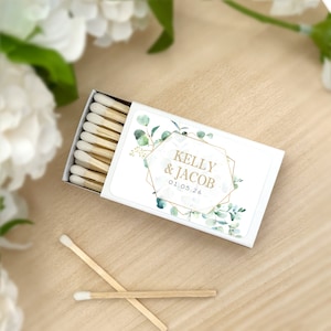 Eucalyptus Wedding Favor Matches, &quot;Perfect Match&quot; Personalized Matches, Personalized Matchboxes, Geometric Florals -Set of 50