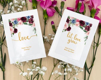 Personalized Wildflower Seed Packet Favors, Burgundy Floral Wedding Bridal Shower