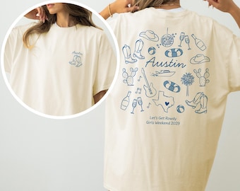 Austin Bachelorette Shirt or Tote Bag, Doodle Icons Comfort Colors Tee, Girls Trip Shirt, Two-Sided Design