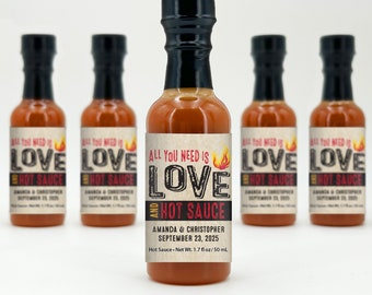 Hot Sauce Wedding Favors, Hot Sauce Gifts, Wedding Favors, Mini Hot Sauce, All You Need is Love, 1.7 ounce bottles of hot sauce