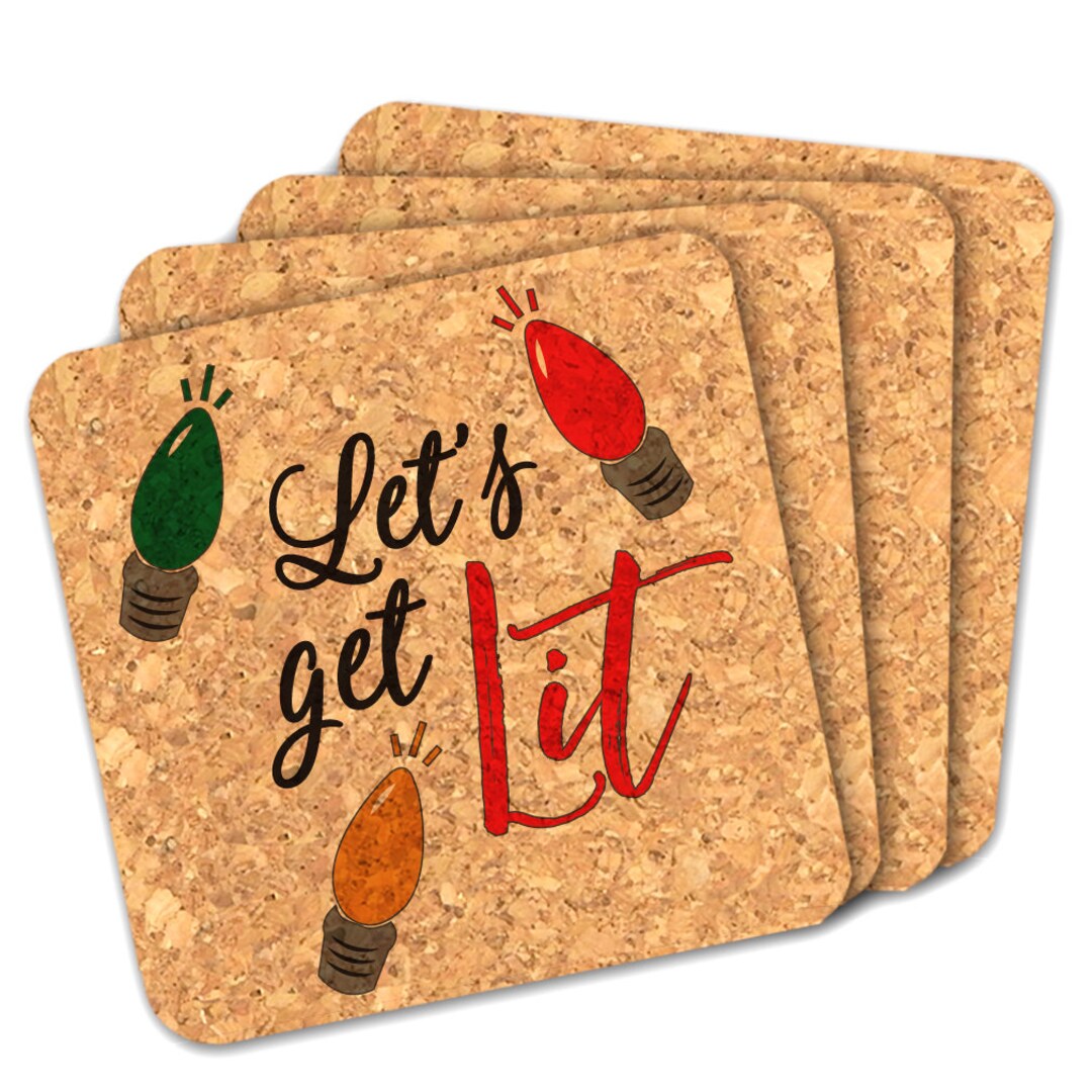 Holiday Party Favor Coasters, Let's Get Lit Square Cork Coasters Set of