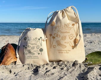 Miami Bachelorette Cotton Favor Bags, Custom Tote Bag, Hangover Kit, Girls Trip, Birthday Gift