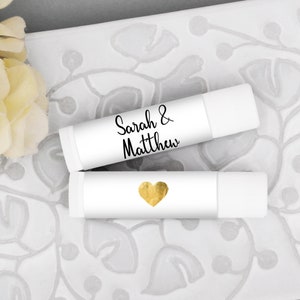 Personalized Lip Balm Favors, Wedding Favors, Bridal Shower Favor, Gold Heart Lip Balm Favors - Set of 12