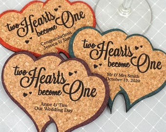 Wedding Favor Coasters, Personalized Double Heart Shaped Cork Coaster - Set of 12