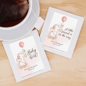 Baby Shower Tea Favor, Baby Girl, Elephant Baby Shower Favor, A Little Peanut is on the Way, Tea Favors, Personalized Favor - Set of 30