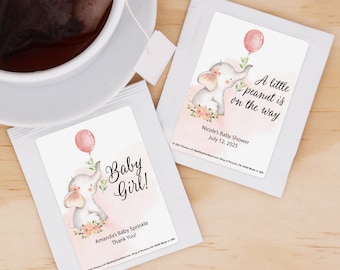 Baby Shower Tea Favor, Baby Girl, Elephant Baby Shower Favor, A Little Peanut is on the Way, Tea Favors, Personalized Favor - Set of 30