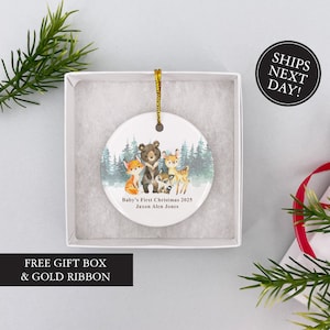 Woodland Animals Christmas Ornament, Baby&#39;s First Christmas Ornament, Personalized Baby Ornament Keepsake, Forest Animal, Free Gift Box