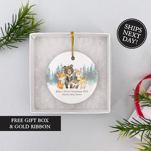 Woodland Animals Christmas Ornament, Baby's First Christmas Ornament, Personalized Baby Ornament Keepsake, Forest Animal, Free Gift Box