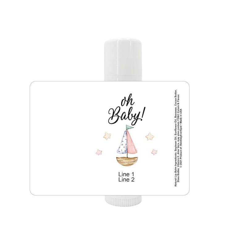 May include: Lip balm tube with a label featuring the text "oh Baby!" and a watercolor sailboat design in pink, blue, and brown. The label also includes the text "Line 1" and "Line 2".