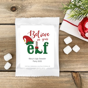 Christmas Hot Chocolate, Hot Chocolate Bar, Cocoa  Favors, Holiday Hot Chocolate Favors, Believe in your Elf - Set of 24