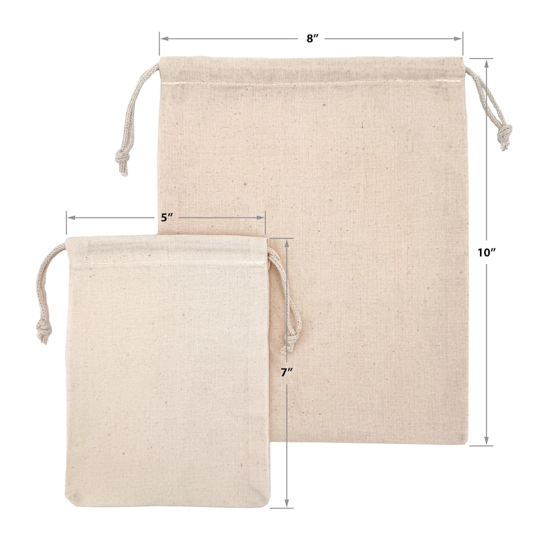 May include: Two beige canvas drawstring bags. The larger bag is 10 inches tall and 8 inches wide. The smaller bag is 7 inches tall and 5 inches wide. Both bags have a drawstring closure at the top.