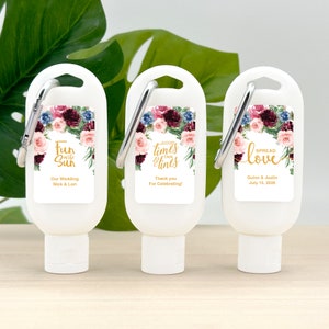 Wedding Favor Sunscreen with Carabiner, Garden Wedding, Floral Watercolor Roses, Bachelorette Party, Good Times and Tan Lines - Set of 12