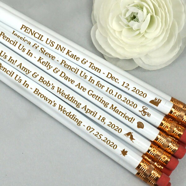 Wedding Favor Pencils, Engraved Personalized White Pencils, Pencil Us In, Love Never Fails,  - Set of 12