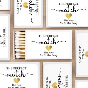 Wedding Favor Matches, &quot;The Perfect Match&quot; Personalized Matches, Personalized Matchboxes, Gold Heart Wedding -Set of 50