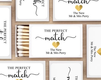 Wedding Favor Matches, "The Perfect Match" Personalized Matches, Personalized Matchboxes, Gold Heart Wedding -Set of 50