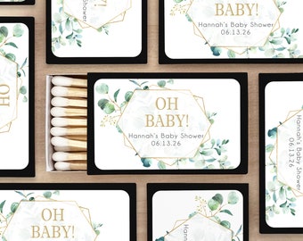 Oh Baby, Eucalyptus Baby Shower Favor Matches, Personalized Matches, Personalized Matchboxes, Geometric Florals -Set of 50