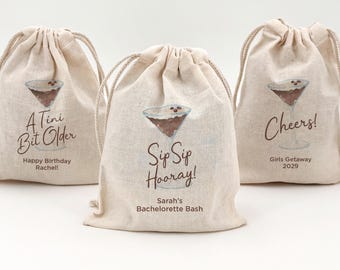 A Tini Bit Older Birthday Party Favor Bags, Custom Mini Drawstring Bag, Love is Brewing Favors, Thanks for Been Here, Expresso Martini Bag