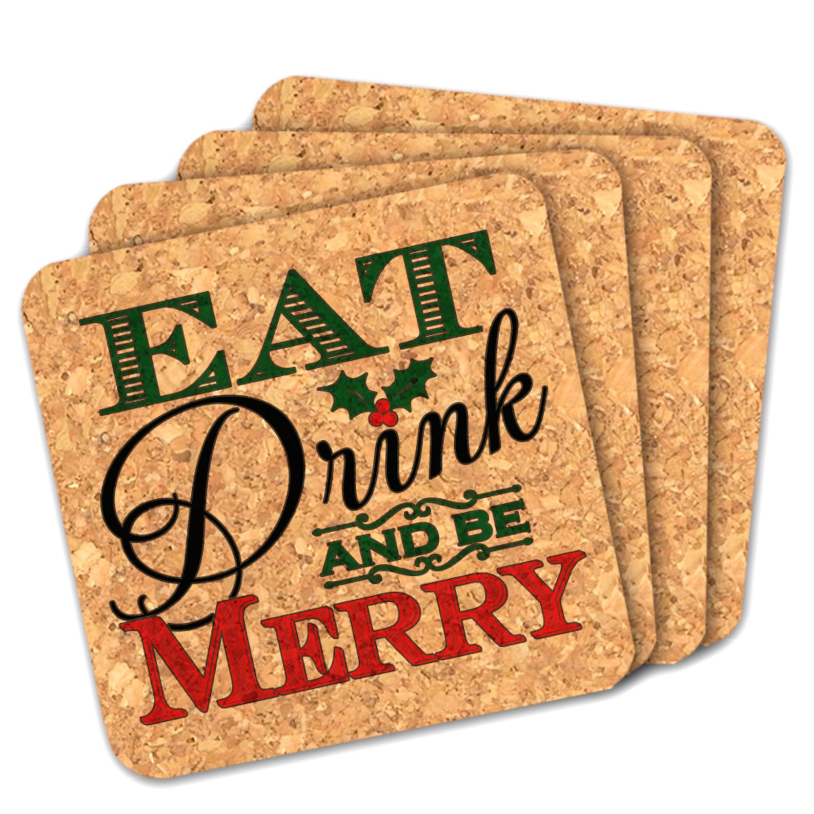 Holiday Party Favor Coasters Eat Drink Be Merry Square Cork Etsy