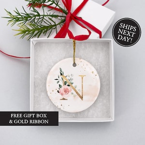 Initial Ornament, Personalized Gold & Pink Floral Ornament, Christmas Ornament, Monogram Ornament, Letter  Ornament,