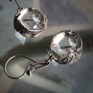 POOLS Of LIGHT Art Nouveau Genuine Un-drilled 15mm Rock Crystal Quartz Earrings / Repoussé - Sterling Bezel Components / Antique Earrings