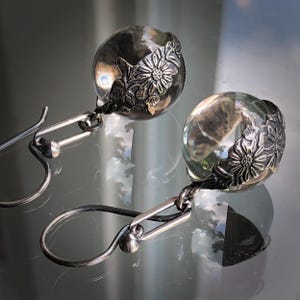 Art Nouveau POOLS Of LIGHT Rock Crystal Quartz Earrings: Sterling Repoussé