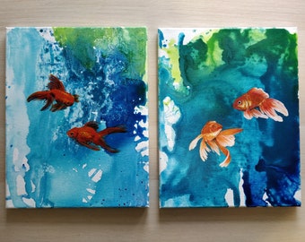 Goldfish with abstract water background, acrylic painting on canvas - 2 available