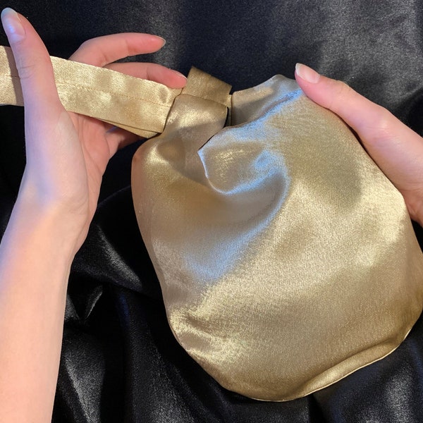 Gold Evening Bag, Japanese Knot Bag, Gold Satin Wristlet, Bride's, Bridesmaids Ladies Evening Wristlet, Black Satin Lined - FREE UK POST