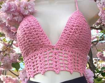 Gehäkeltes Bikini-Oberteil, Pinkes Spitzen-Oberteil, Festival Top, gehäkeltes Bralette, Crop Top für den Sommer, Festival Top, Cup A bis B - GRATIS UK Post