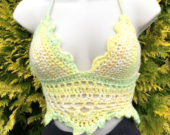 Gehäkeltes Bikini-Oberteil, Festival-Oberteil, gehäkeltes Bralette, Neckholder, Sommer-Crop-Top, Gelb und Grün - 8 bis 10 UK, Cup A / B - GRATIS UK Post