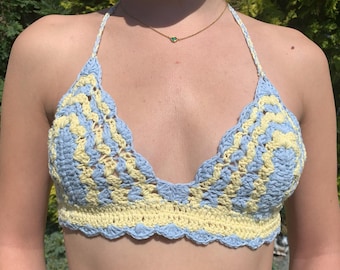 Gehäkeltes Bikini-Oberteil, Festival-Oberteil, Baumwoll-Spitzenoberteil, gehäkeltes Bralette, Sommer-Crop-Top, Blau, Gelb, Baumwoll-Alter-Neck-Oberteil, UK B-Cup FREE UK Post