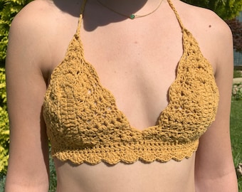Gehäkeltes Bikinioberteil, Gold Festival Top, Gold / Senffarbenes Spitzentop, gehäkeltes Bralette, Baumwollsommertop, alter Neck Top, UK B Cup -FREE UK Post
