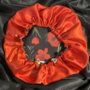 Red Satin Sleep Bonnet: Reversible Poppies Print, Adjustable Hair Cap, Hair Protection