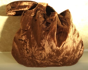 Brown Velvet Wristlet, Woman's Velvet Bag, Japanese Knot Bag, Bronze Velvet Bag, Large Evening Wristlet, Bronze Wristlet  - FREE UK Post