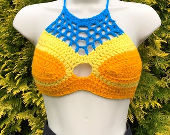 Crochet Bikini Top, Festival To, Crochet Bralette, Blau, Orange, Gelb, Neckholder, Crop Top, Größe 8 bis 10, A bis B Cup - GRATIS UK Post
