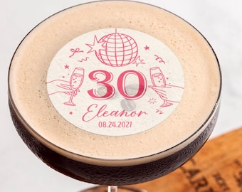 Personalized Birthday Edible Drink Toppers, Edible Cocktail Toppers for 30th, 40th Birthday, Custom Disco Ball Toppers, Birthday Party Decor