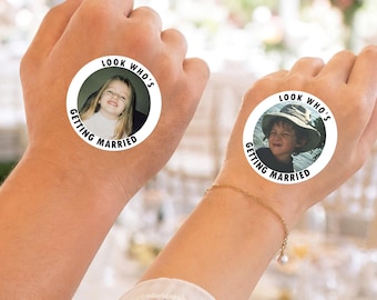 Look Who’s Getting Married Custom Photo Stickers, Personalised Bachelorette Party Stickers, Bridal Shower Funny Bride Groom Wedding Gift Tag