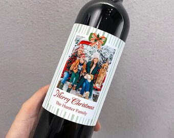 Personalized Christmas Wine Bottle Labels, Custom Photo Holiday Wine Stickers, Stocking Stuffer Wine Gift for Friend, Holiday Gift Labels