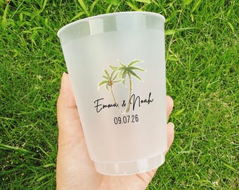 Custom Beach Wedding Frosted Cups, Personalized Party Cups for Coastal or Tropical Beach Bachelorette, Destination Wedding Cup Favors