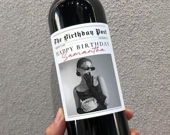 Custom Birthday Newspaper Wine Label, Personalized Photo Wine Bottle Label, Tini Bit Older Birthday Gift for Her 21st 30th 40th