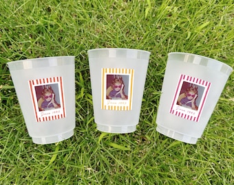 Custom Photo Cups/Birthday Party Frosted Cups/Striped Personalized Plastic Cups for Parties Events/Birthday Supplies Decor Vintage Est Year