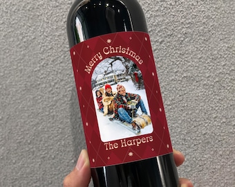 Custom Christmas Wine Bottle Labels, Personalized Photo Holiday Wine Stickers, Red Xmas Wine Label for Family, Christmas Party Decorations