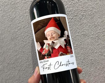 Personalized Christmas Wine Label | Custom First Christmas Wine Bottle Label | Baby’s First Christmas Bottle Label Gift | Holiday Wine Label