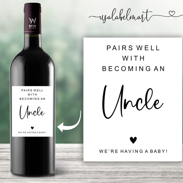 Pairs well with becoming an Uncle, Baby Announcement Wine Labels, Pregnancy Announcement Gift, New Uncle Gift, Gift for Uncle, Whiskey Gift