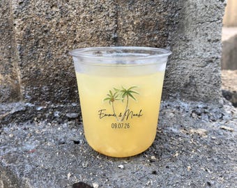 Personalized Wedding Cups, Custom Tropical Wedding Cups, Palm Tree Wedding Favor Cups, Frosted Plastic Party Cups, Beach Wedding Drink Cups