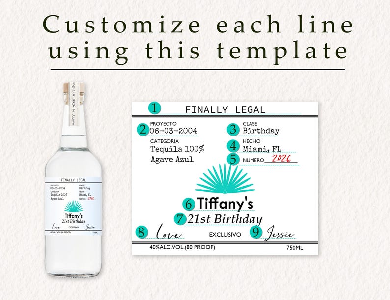 May include: A clear glass bottle with a white label that says "Finally Legal" and features a turquoise agave plant design. The label also includes the text "Tiffany's 21st Birthday" and "Love". The bottle is 750 ml and 40% alcohol by volume (80 proof).